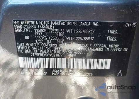 2015 Toyota Rav4 Xle z USA, uszkodzony, nr VIN 2T3RFREV0FW321877